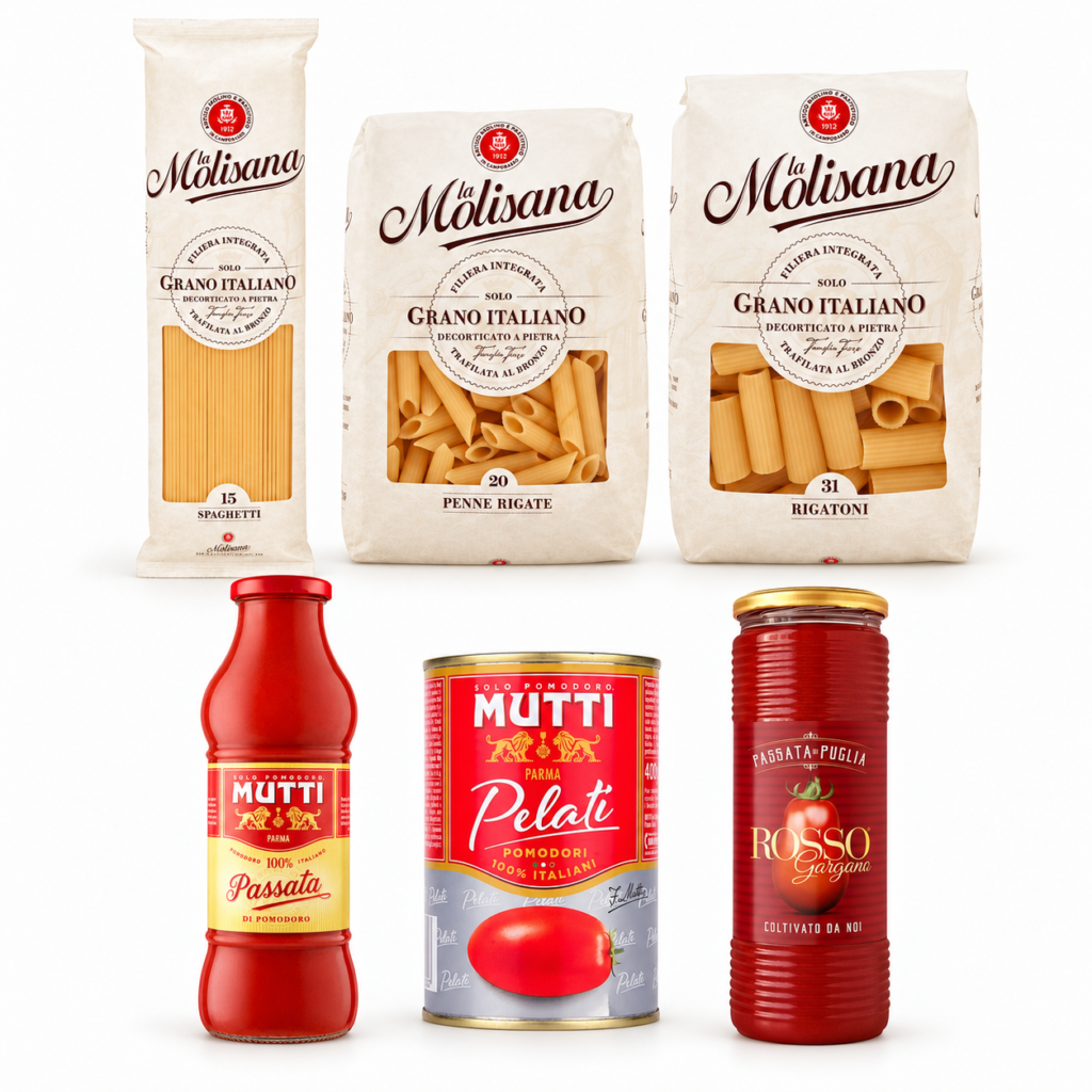 Kollage med La Molisana spaghetti, penne och rigatoni samt Mutti och Rosso Gargano tomatprodukter