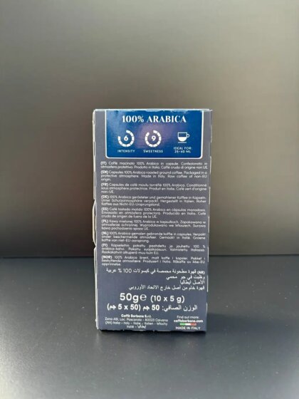 Caffè Borbone 100% Arabica kaffekapslar baksida med information
