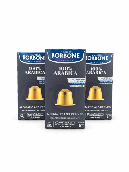 Caffè Borbone 100% Arabica Nespresso kompatibla kaffekapslar framsida. 30-pack med 30 kapslar.