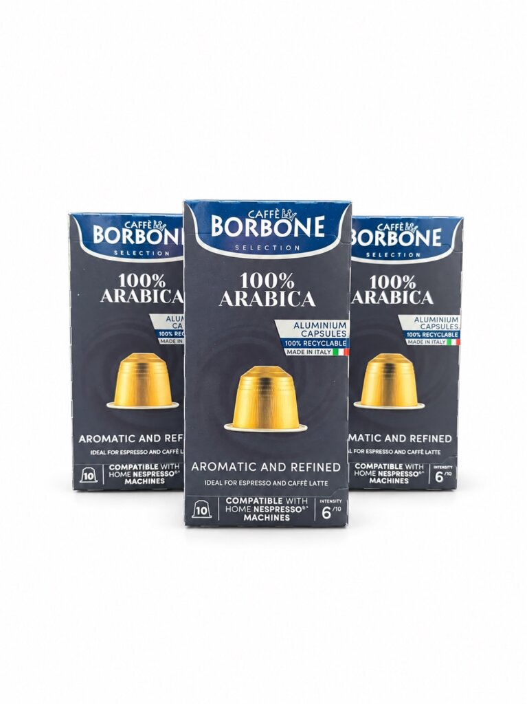 Caffè Borbone 100% Arabica Nespresso kompatibla kaffekapslar framsida. 30-pack med 30 kapslar.