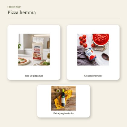Pizza hemma presentbox – översikt över pizzamjöl, krossade tomater och extra jungfruolivolja