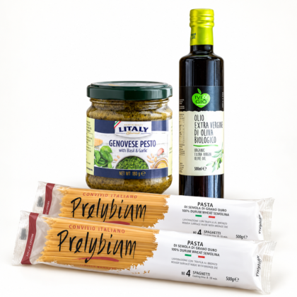Kollage med Litaly Genovese pesto, PRELYBIUM spaghetti och IVI & GIO olivolja