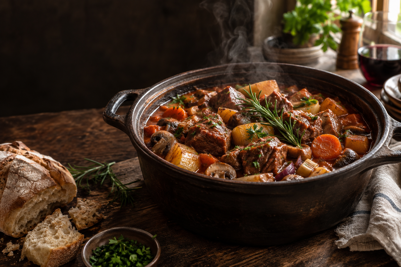Italiensk fläskgryta med rödvin, tomat och rosmarin