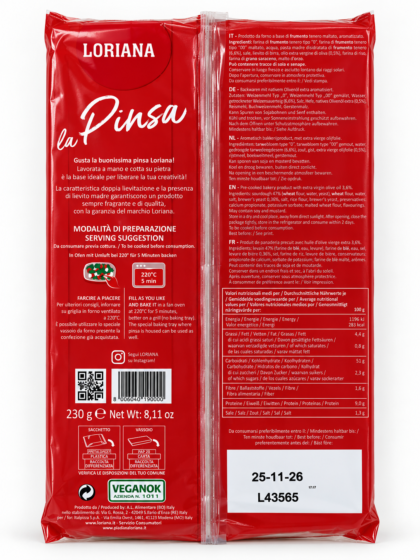Loriana Pinsa 230 g – baksida med ingredienser och näringsvärde