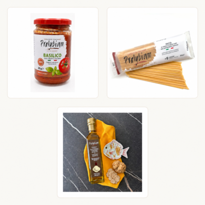 Kollage med en förpackning PRELYBIUM Linguine nr 9, Basilico tomatsås och vit tryffelolja