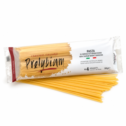 En förpackning PRELYBIUM Spaghetti nr 4, 500 g på vit bakgrund