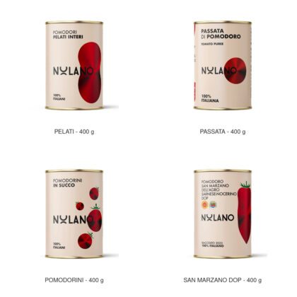 Nolano-tomatpaket med fyra konservburkar: pelati, passata, pomodorini och San Marzano DOP, 400 g vardera.